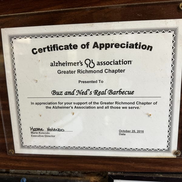 Alzheimer's Association Greater Richmond Chapter Certificate of Appreciation, 2016