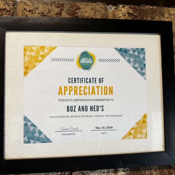 Brunch on Broad Certificate of Appreciation, 2019
